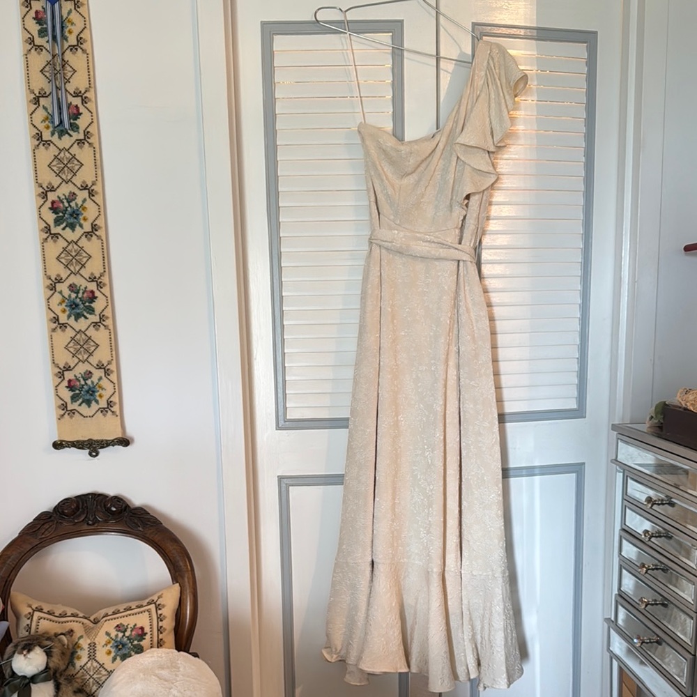 Maison Tara Cream One-Shoulder Gown